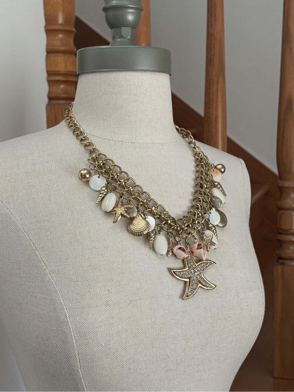 Gold Tone Seashell Beaded Statement Necklace with Matching Starfish Earrings